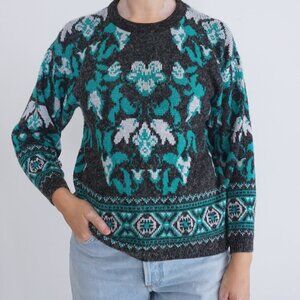 Vintage Grey Green Floral Knit Crewneck Fair Isle Fisherman Sweater S